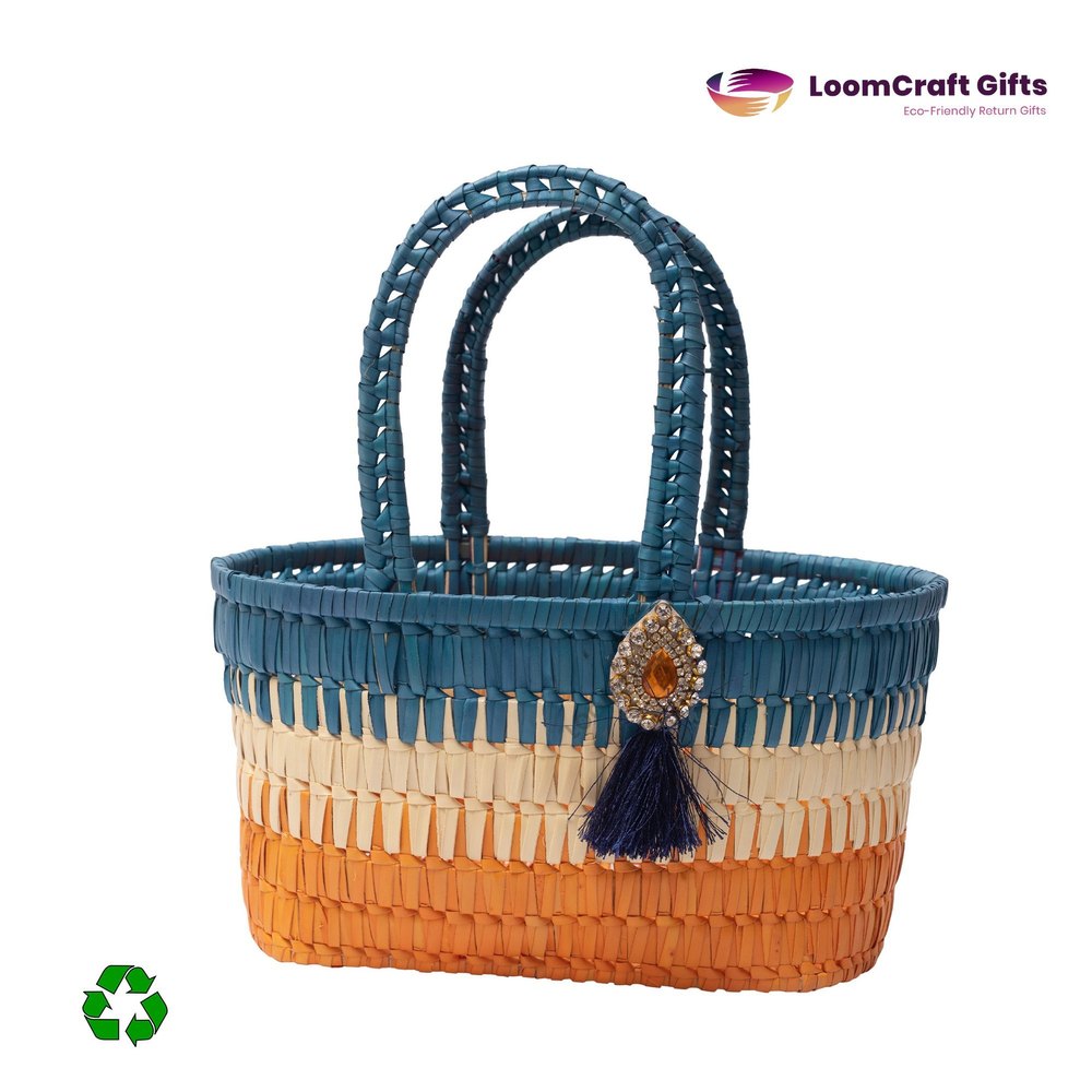 Orange and Blue Palm Leaf Palm Leaf Basket, For Gift, Size: 10x6x6inch
