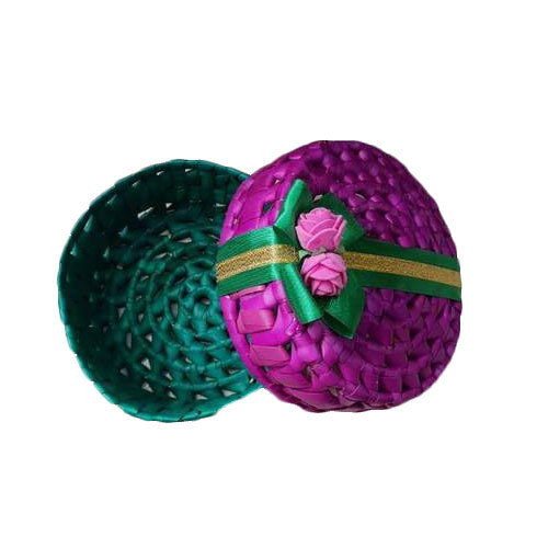 Bamboo Pink And Green Decorative Palm Leaf Basket, Size: 8 Inch Diameter