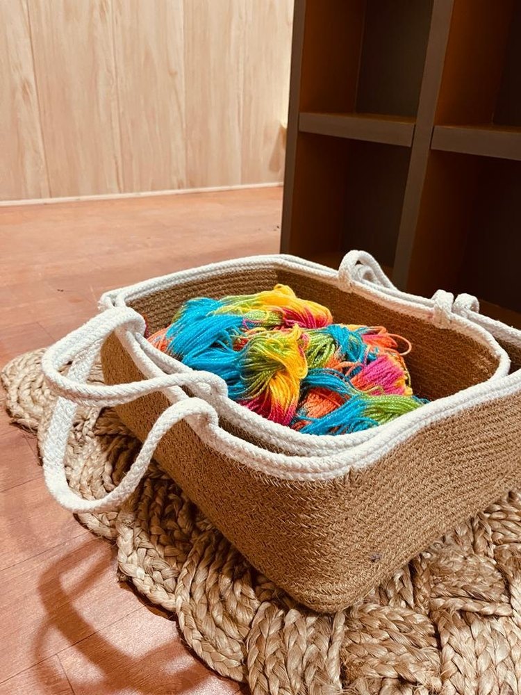 Print Shopping Jute Storage Basket Organizer Box Handwoven Eco-Friendly Foldable Bins 14x10x5 inch