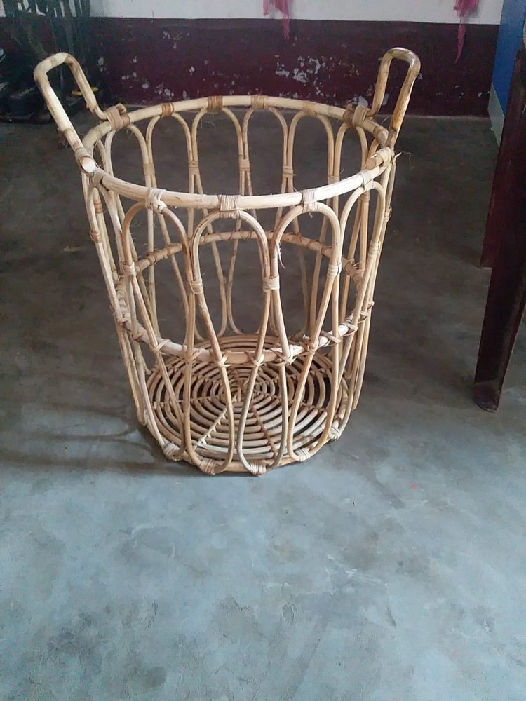 Cylindrical Brown Cane Laundry Basket, For Household