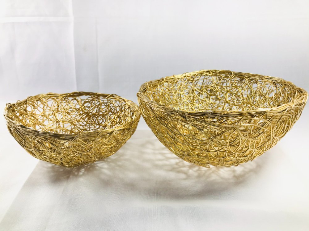 Home Polished Golden Aluminum Round Basket Set, Size: 8\'\' And 6\'\'