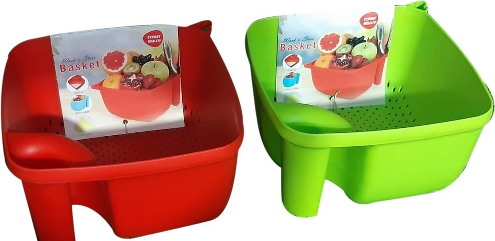 Plastic Red and Green Rice Bowl Thick Drain Basket, Size: 24 X 20 X 14.5 Cm