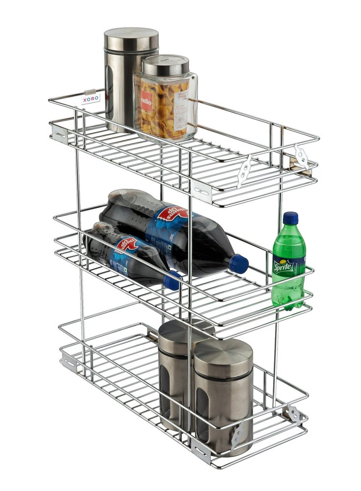 Silver Free Standing Stainless Steel Wire Kitchen Bottle Pull Out, 3 Shelves