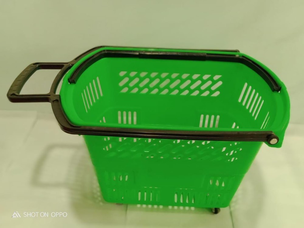 Four-Wheel Green + Black Rolling Shopping Basket, Load Capacity: 40 kg