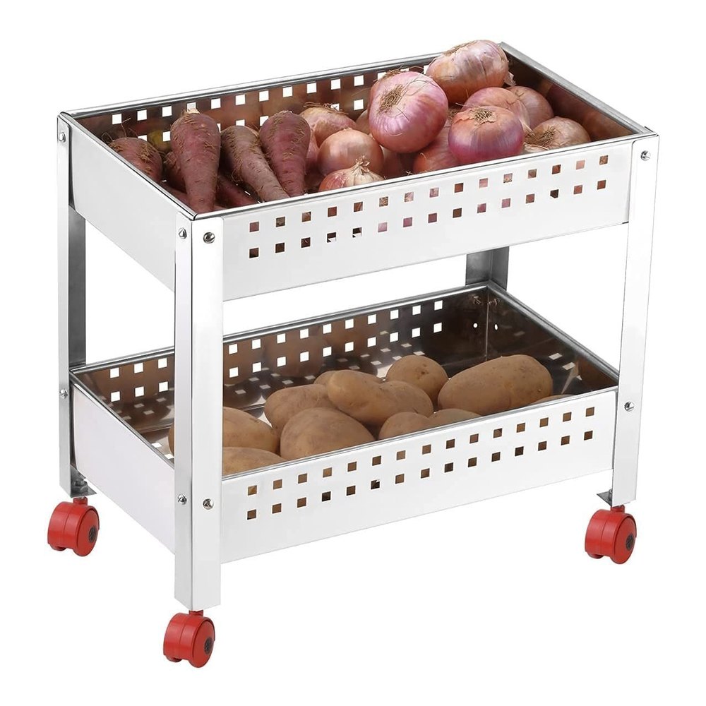 SS 304 Powder Coated 2 layer Stainless Steel Fruit and Vegetable Trolley