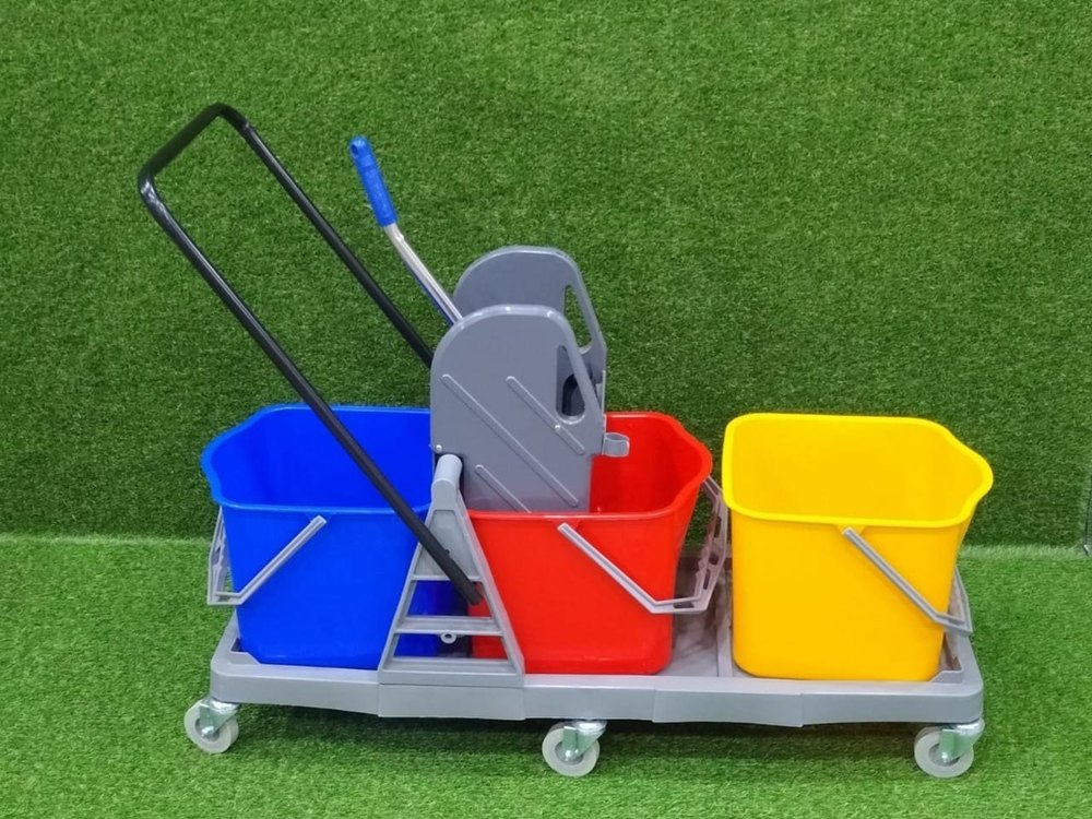 Plastic Yellow Three Bucket Mop Trolley, For Hospitals