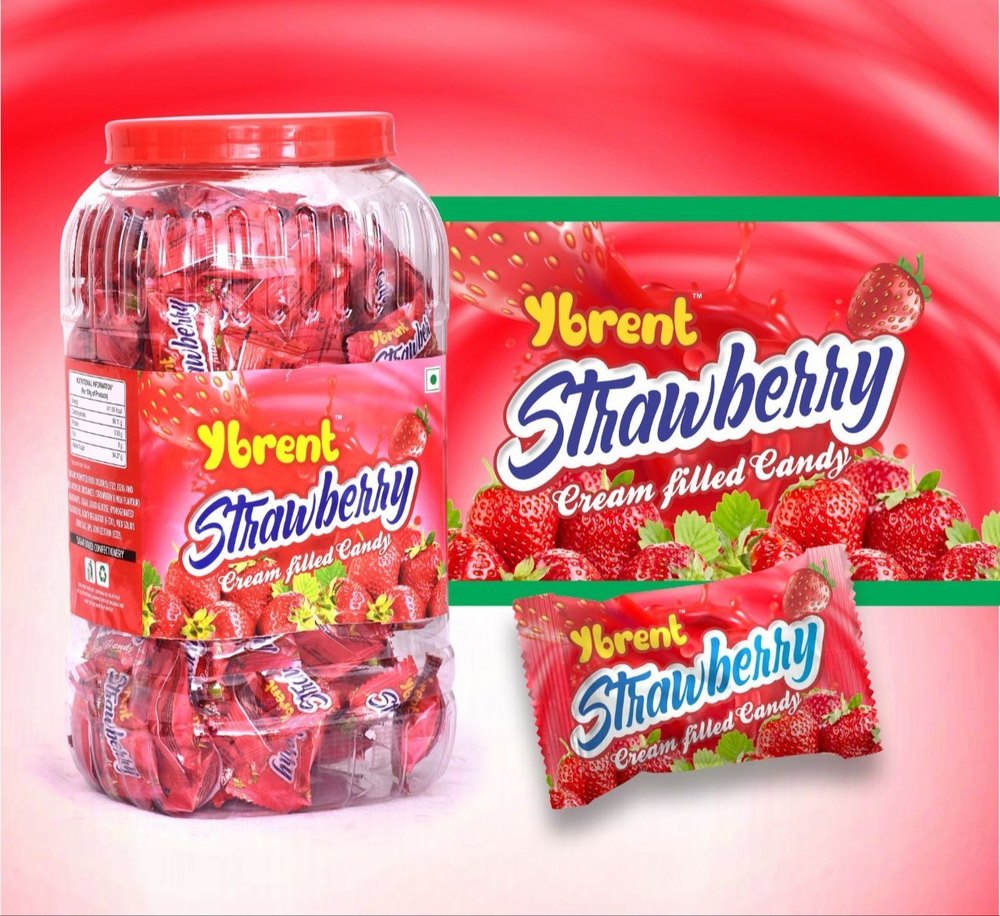 Ybrent Red Strawberry Cream Filled Candy, Packaging Type: Plastic Jar, Packaging Size: 15 Jar Carton