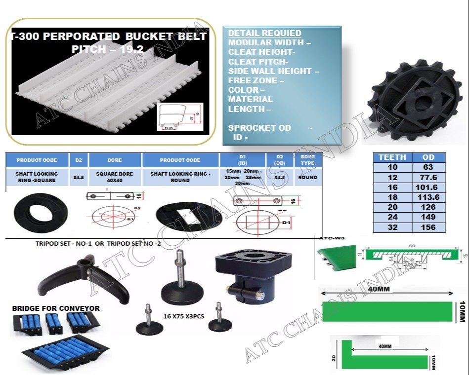 PP / POM T-300 Perforated Bucket Modular Belt