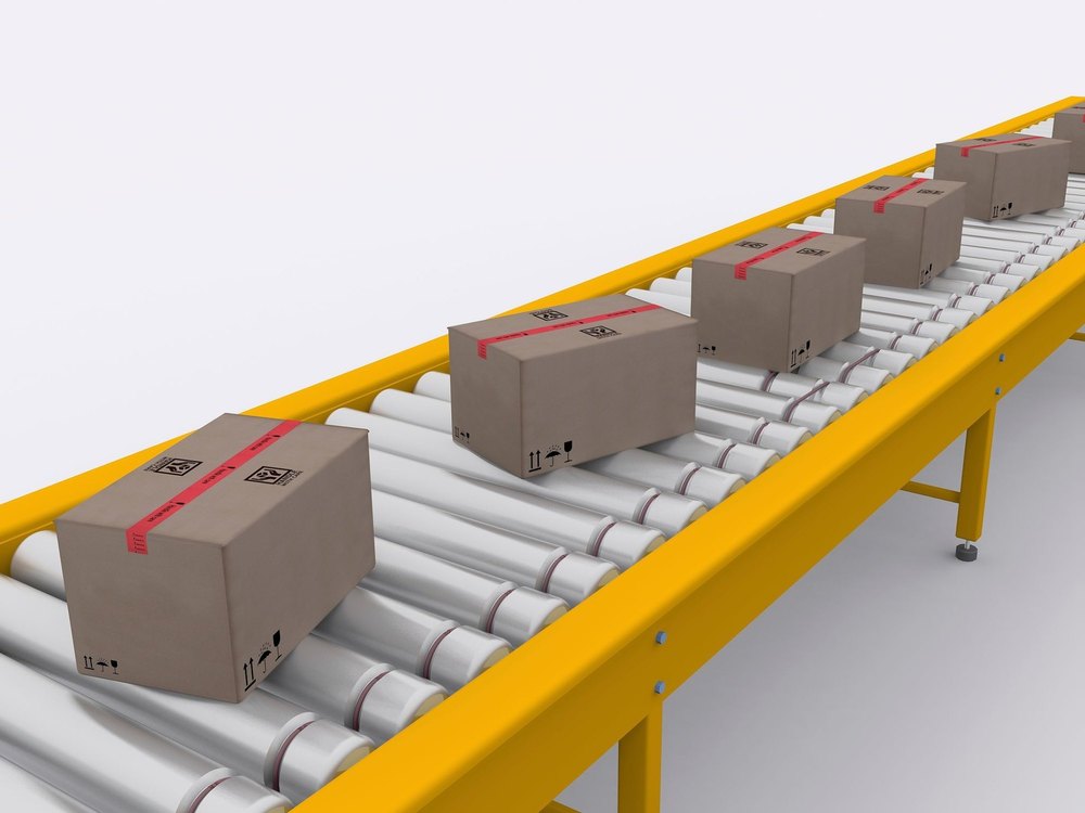 12 Meter PVC Box Transfer Conveyor, Roller Diameter: 75 mm, Capacity: 20 kg Per Ft