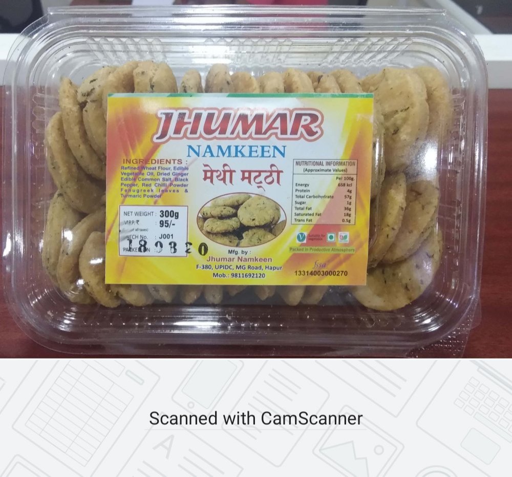 Jhumar Namkeen Bakery Items Methi mathri, Packaging Size: 300 Gm