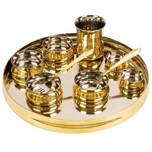 SS & Brass Thali with Spoon and Fork, Packaging Type: Box
