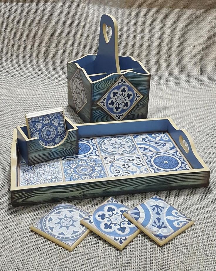 Buyco Wooden Enamel Serving Tray Set with Coaster, For Home, Shape: Rectangle