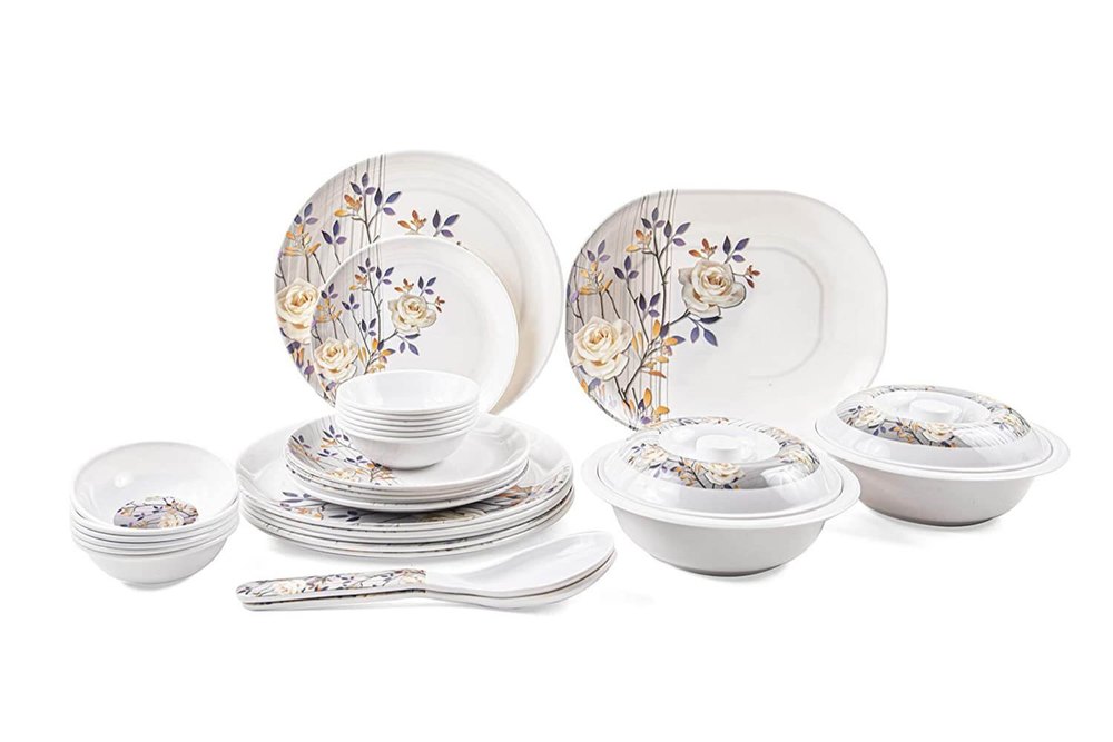 Round 32 Pcs Melamine Dinner Set (White Rose), For Home