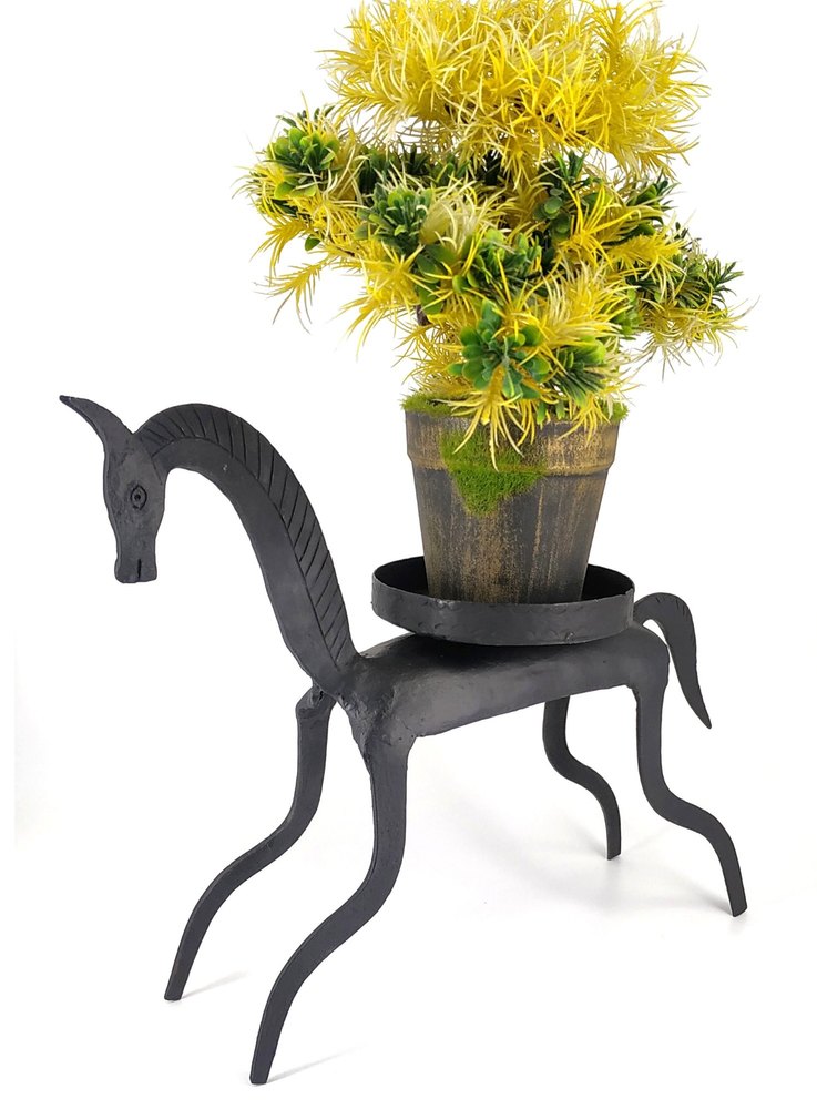 Wrought Iron Black Horse Pot Holder, L X B X H : 12 X 4.5 X 11 Inch