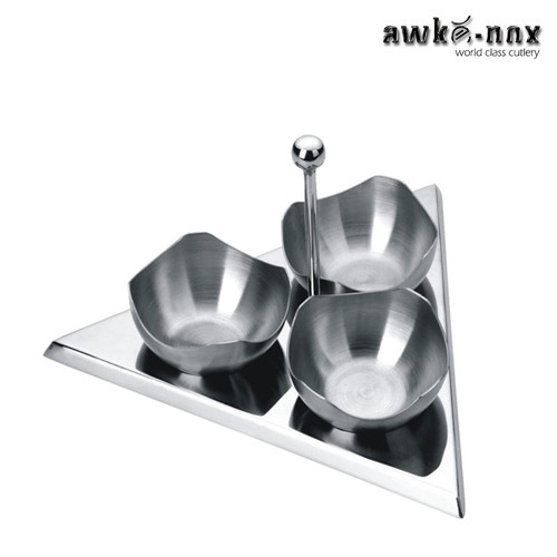 Silver 3 Bowls Steel Condiment Set, For Restaurant