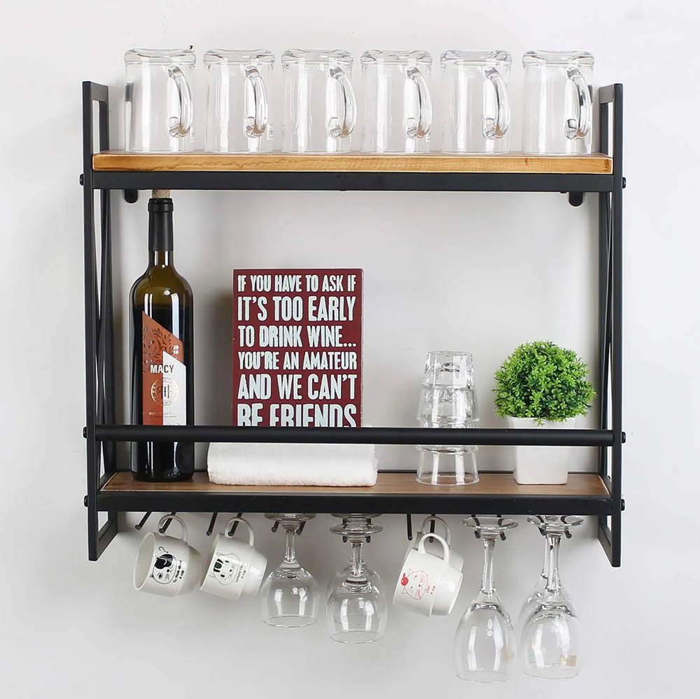 Engineered Wood, Metal Black Wall Mounted Glass Holders, For Home