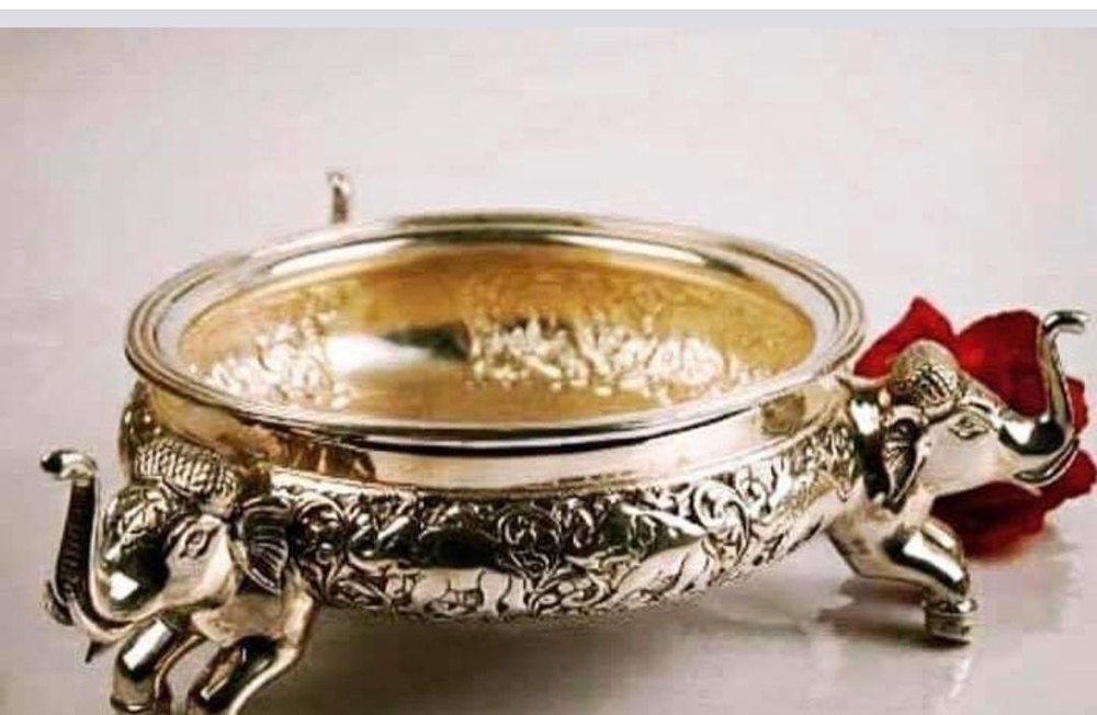 Round Silver Elephant Brass Urli