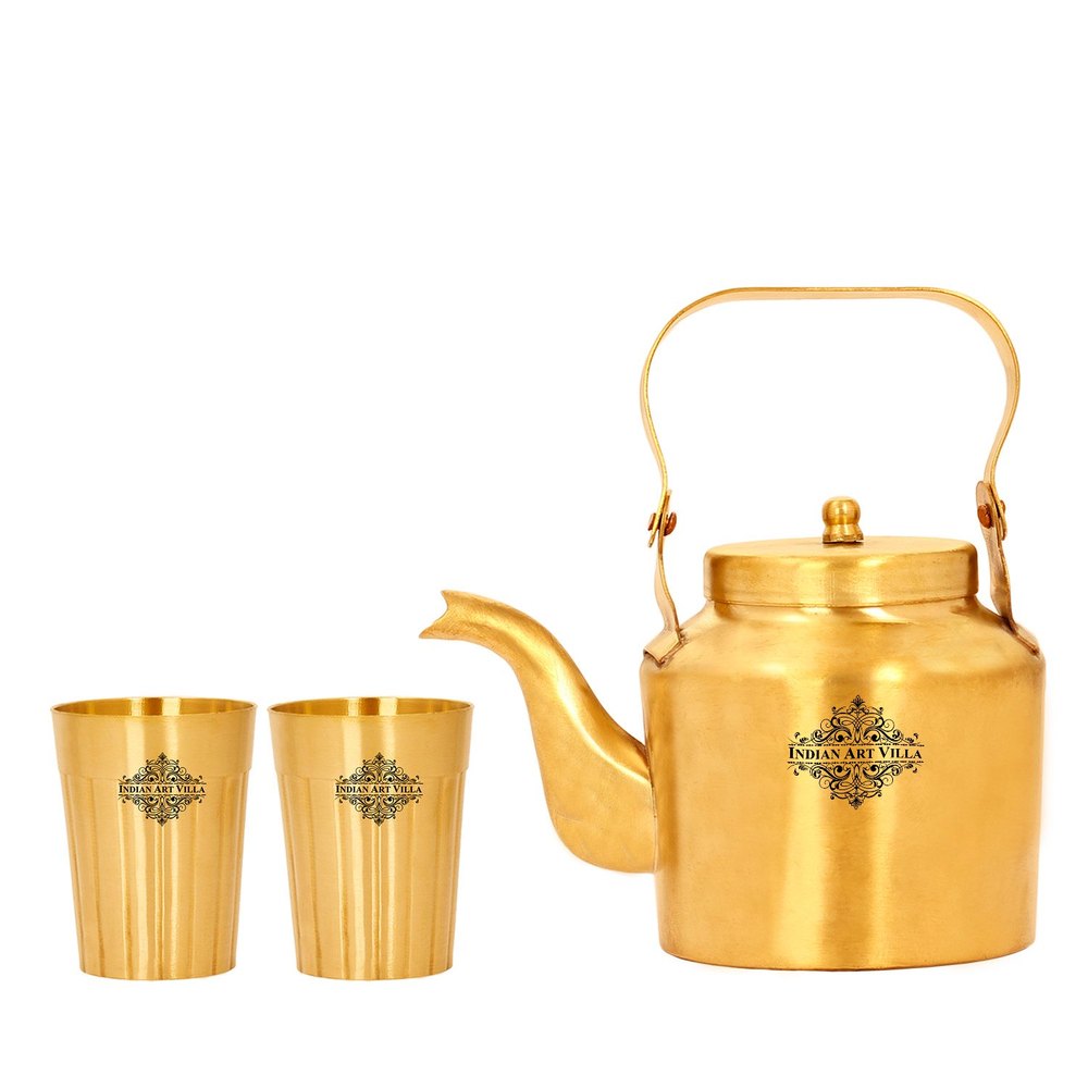 Gold Round Indian Art Villa Brass Tea Kettle With 2 Glass, For Hotel