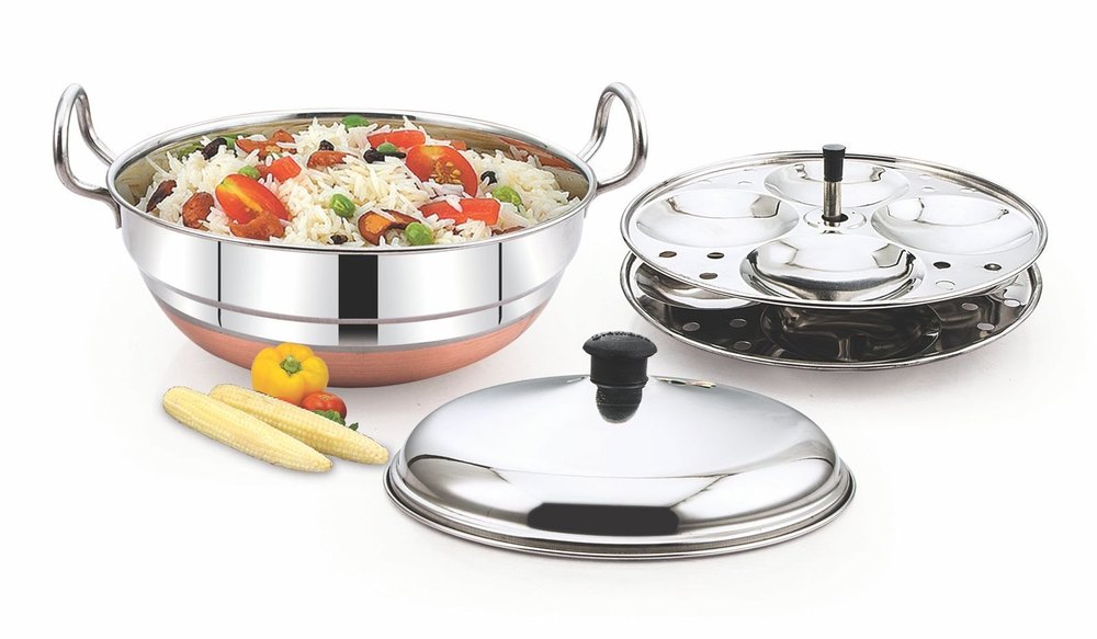 SS304 Round Stainless Steel 2 Plate Idli Cooker Copper Bottom, For Domestic