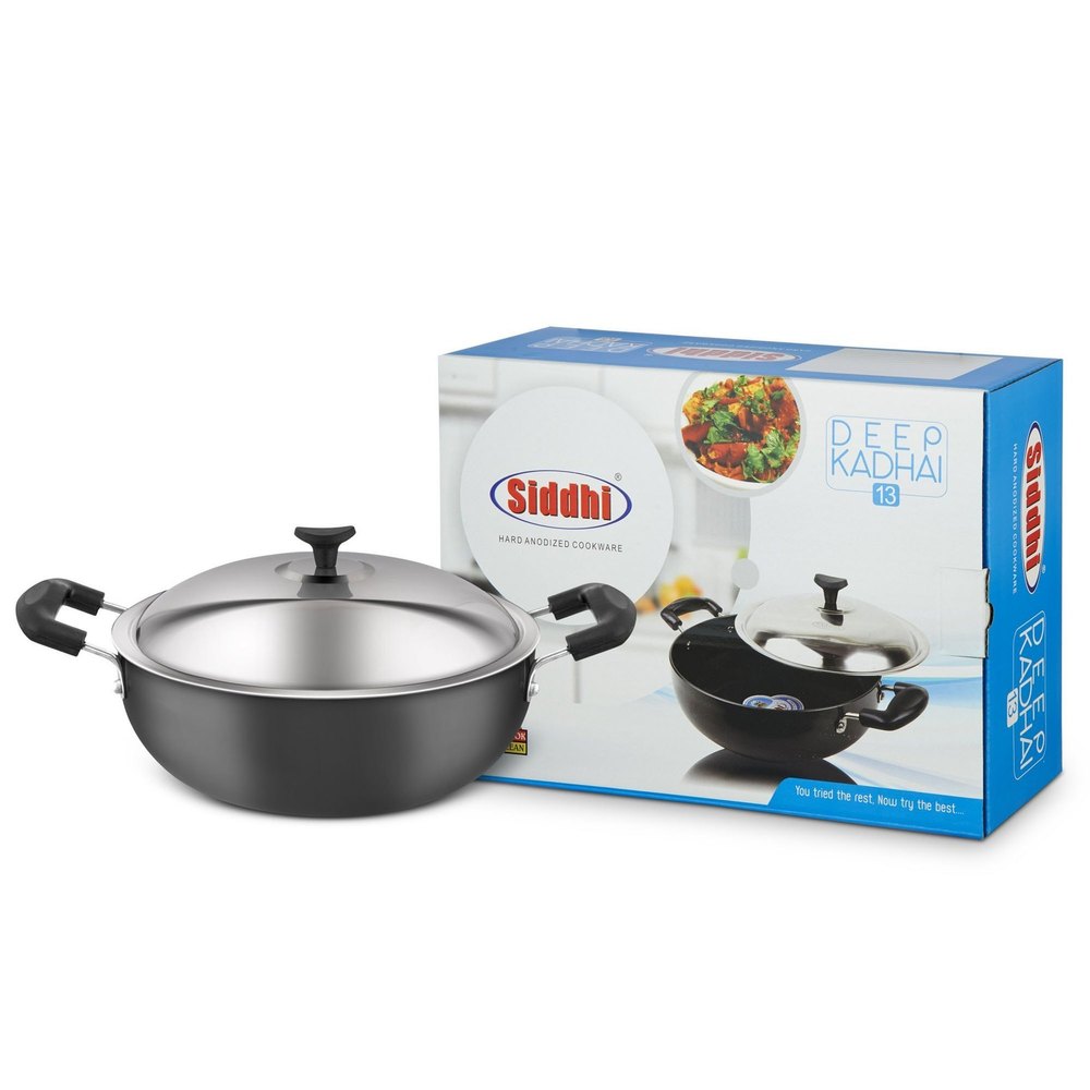 Black Round Hard Anodized Deep Kadhai, Capacity: 1050 Ml