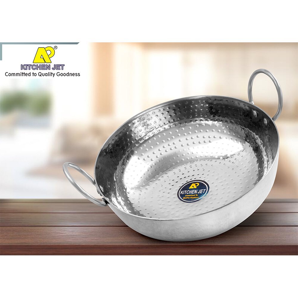 Stainless Steel Heavy Bottom Kadhai/ Deep Fry Pan Round Bottom, Hammered/Matthar with Handles