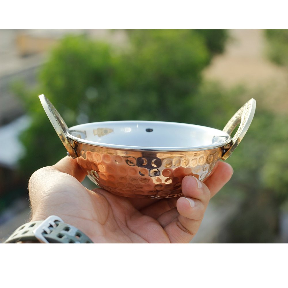 Brown & Silver Indian Art Villa Steel Copper Hammered Design Karahi Kadai Wok, Capacity: 200ml To 2250ml Available