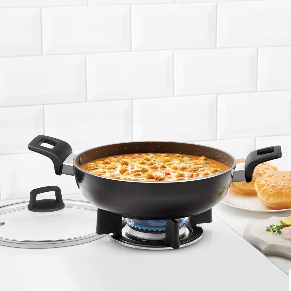 Borosil Granito Non-Stick Kadhai With Glass Lid, Induction Friendly, Granite Finish, Pfoa-Free