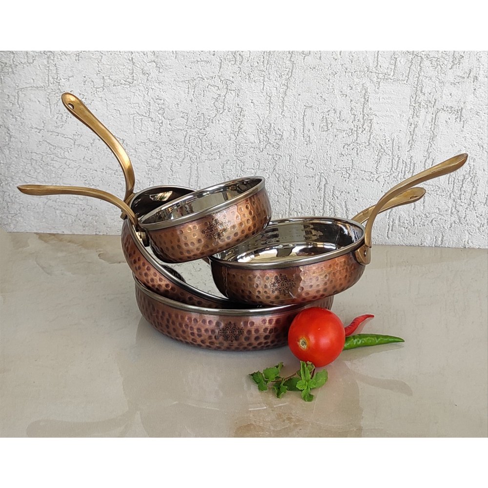 inside Silver & outside brown Steel Copper Fry Pan No.1 with Brass Handle 4.5 inch, For Hotel/Restaurant, Round