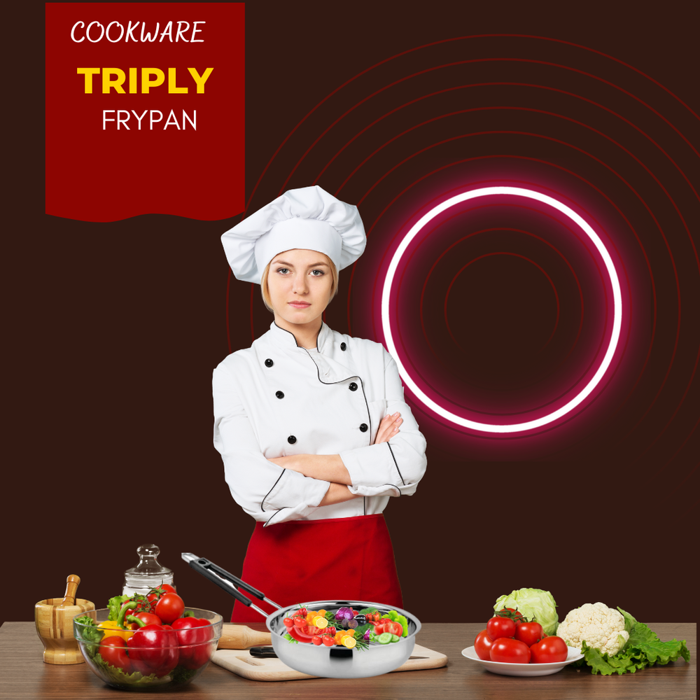 Daacchi Steel Triply Frypan 20 cm to 24 Cm, For Home, Curve With Flat Bottom