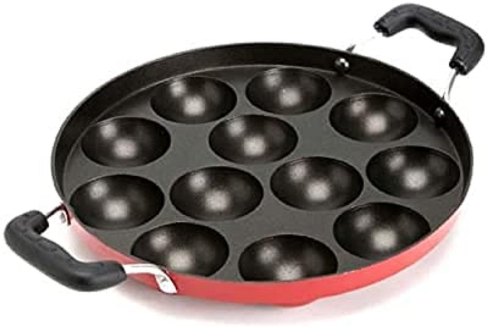 Non-stick 12 Cavity Grill Appam Patra With Stainless Steel Lid Appam Black