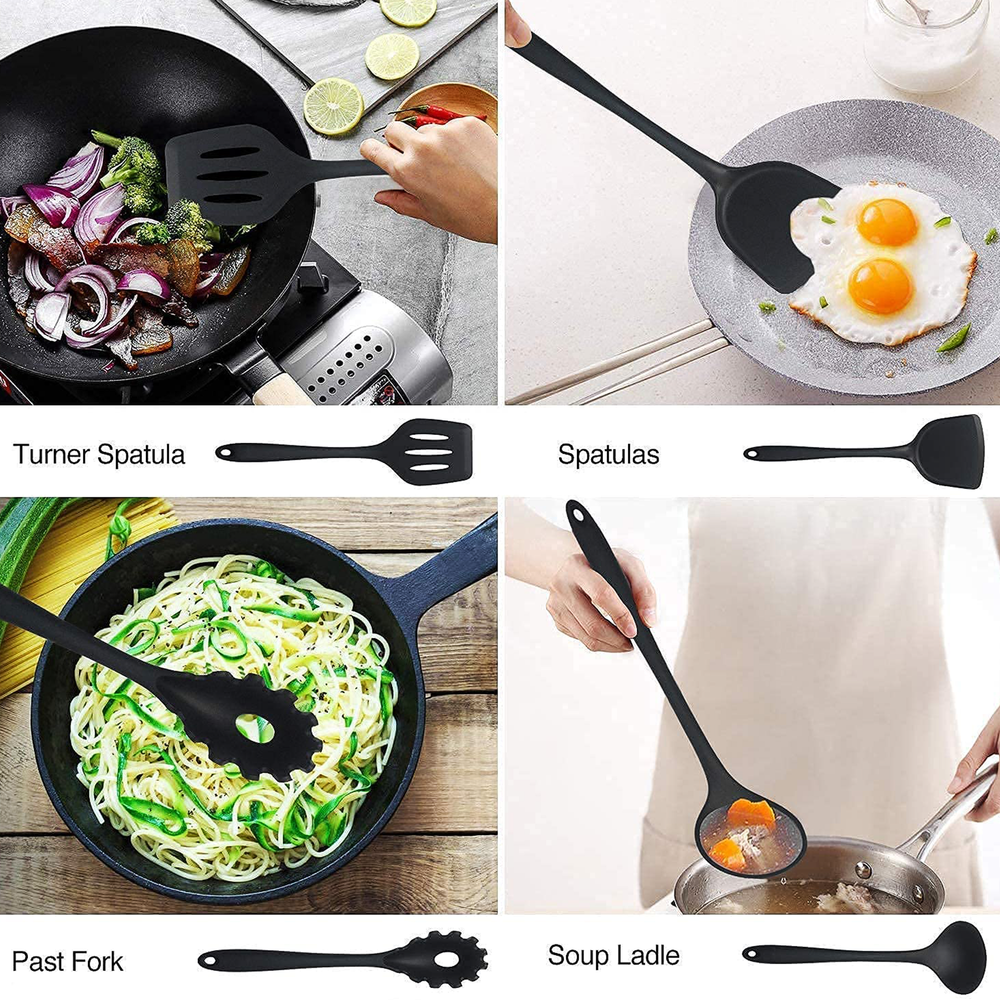 Heat Resistance Nylon Kitchen Cooking Serving Tool Kit, 6 Pcs Set, Black Color, Loose Packing