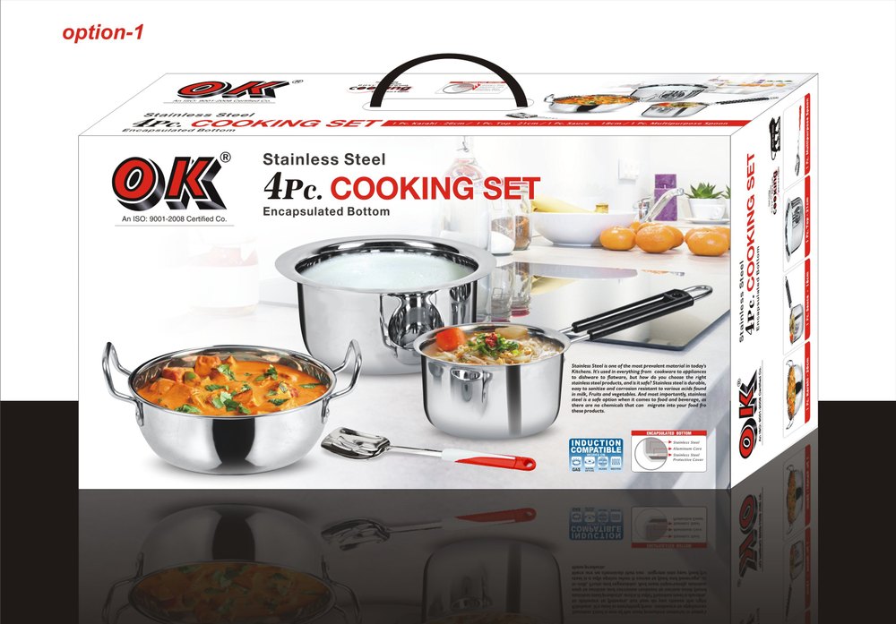 Silver OK Heavy Stainless Steel 4 Piece Cooking Set, For Home