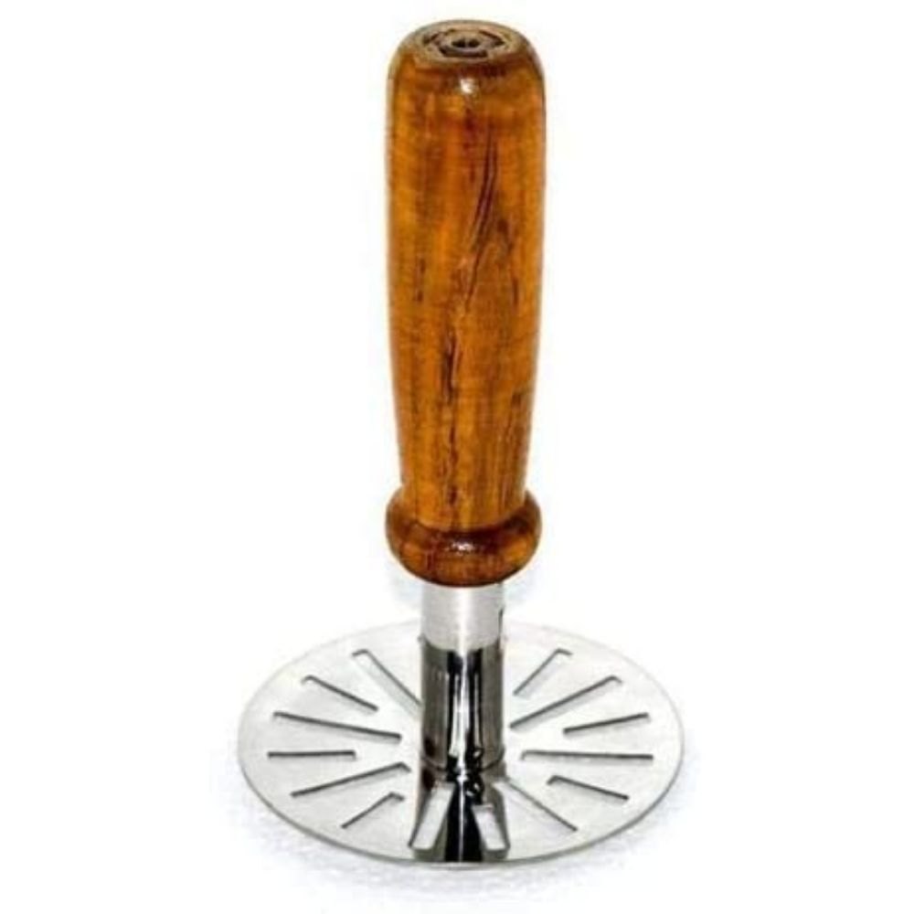 Stainless Steel Potato Masher Wooden Handle, Round, Size: 10x17.5cm