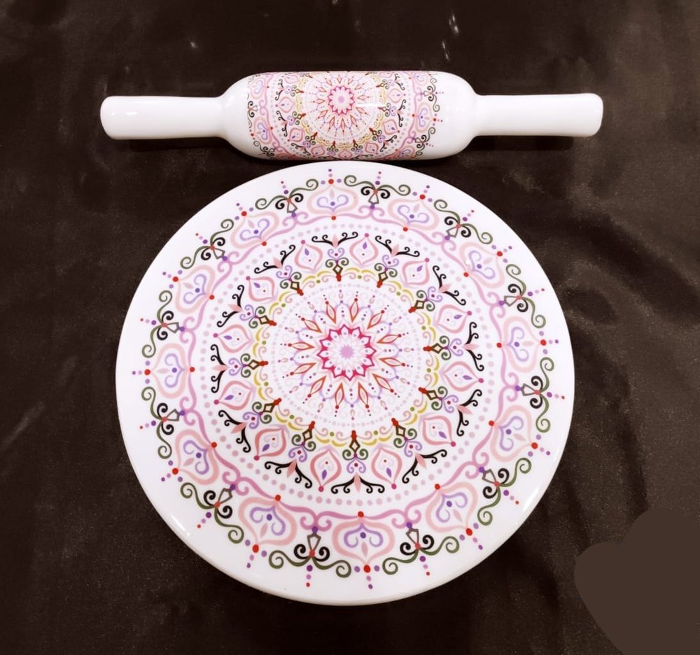 White Block Printed Marble Chakla Belan Set, For Kitchen