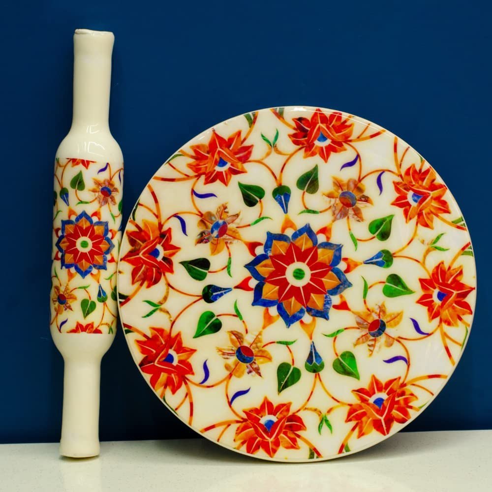 StoneLuxe Real Marble Chakla and Belan Rolling Board and Pin Set