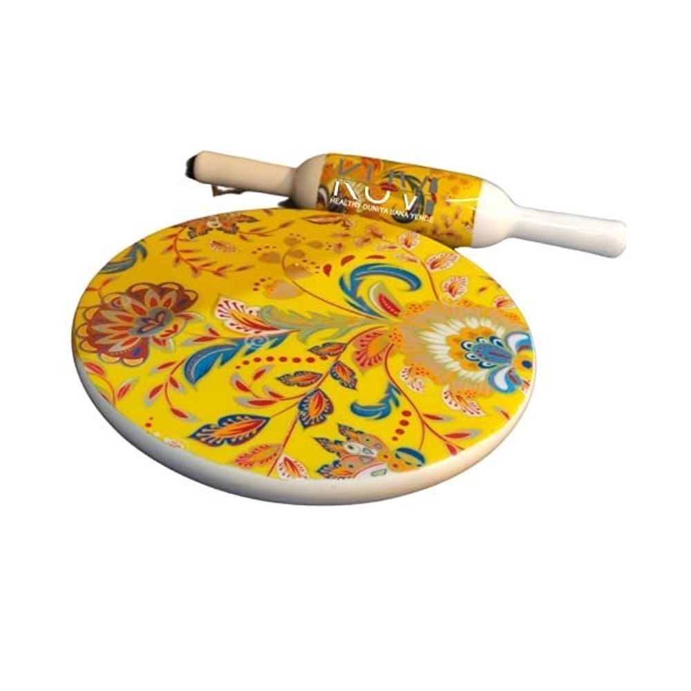 White Kuvi Yellow Printed Marble Chakla Belan Set, For Roti Maker