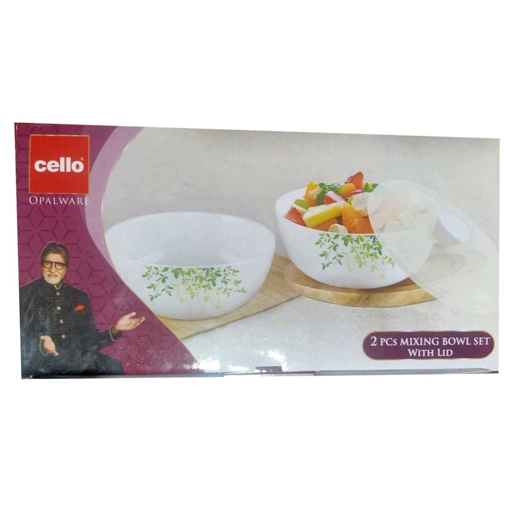 2 White Cello Opalware Mixing Bowl Set With Lid, For Home