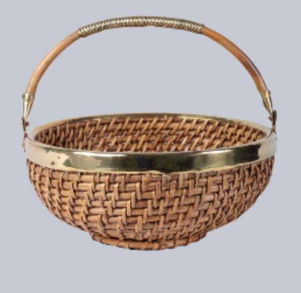 Golden and Brown Wooden and SS Cane Deep Bowl With Handle, For Home Decoration