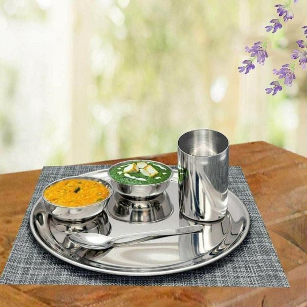 Silver Stainless Steel Thali Set Set Of 5 Pcs, Packaging Type: Box, Round
