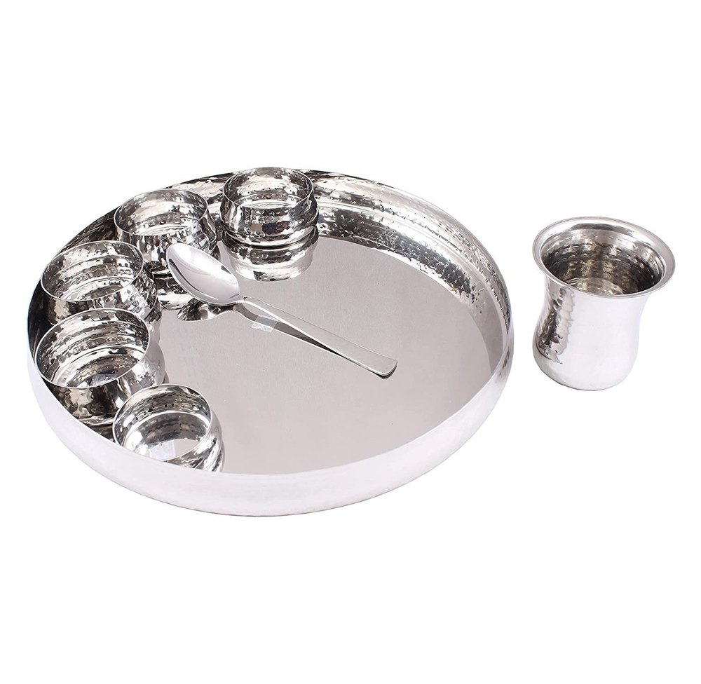 KUVI Silver 8 PC Stainless Steel Hammered Thali Set 2.300kg Weight., For Hotel