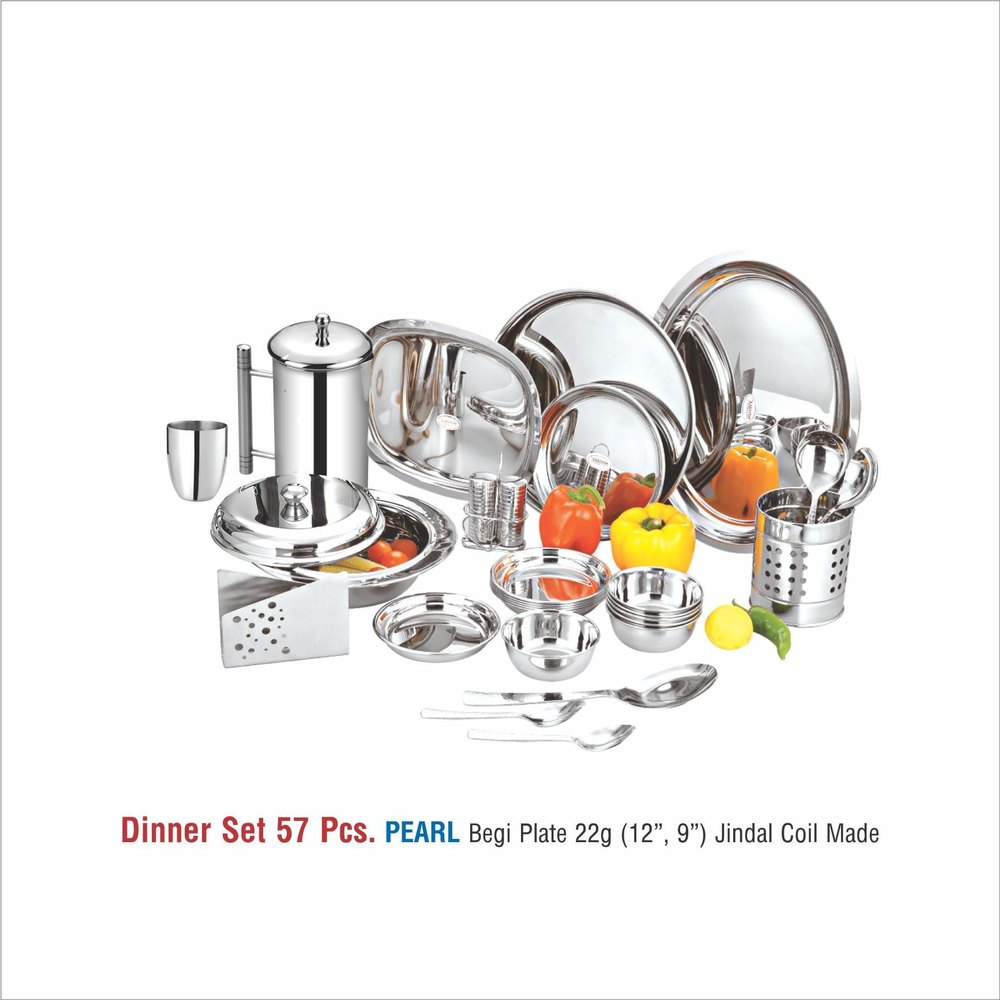 Mintage Silver Stainless Steel Dinner Set -57 Pcs-pearl, For Home, Surface Finish: Plain