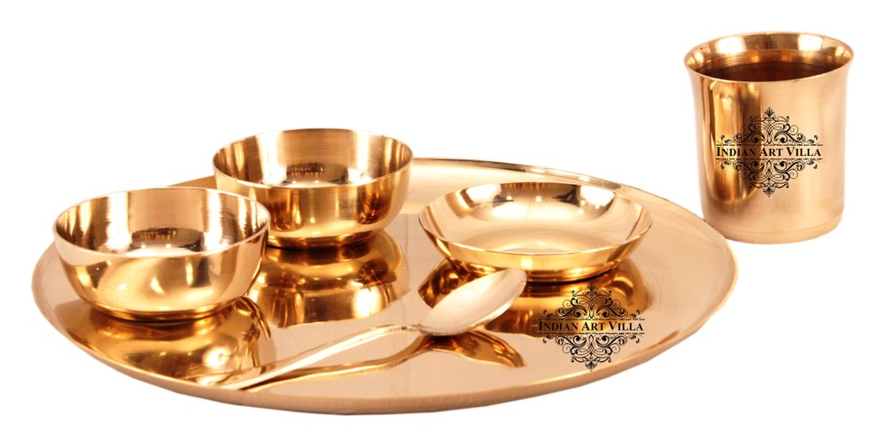 Golden Indian Art Villa Bronze Kansa Utensil 6 Piece Dinner Thali Set For Home, Size: 0.5 X 11.6 (inch)