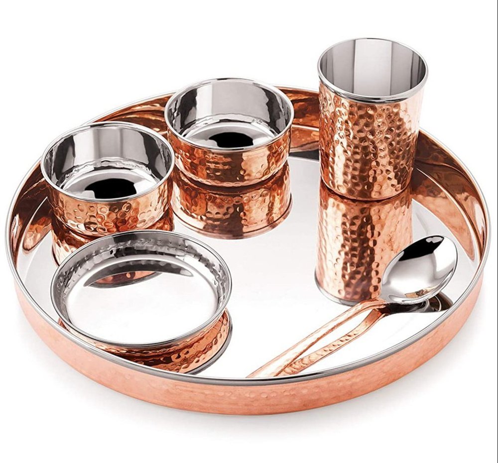 Reddish Brown 6 Piece Pure Copper Thali Set For Home