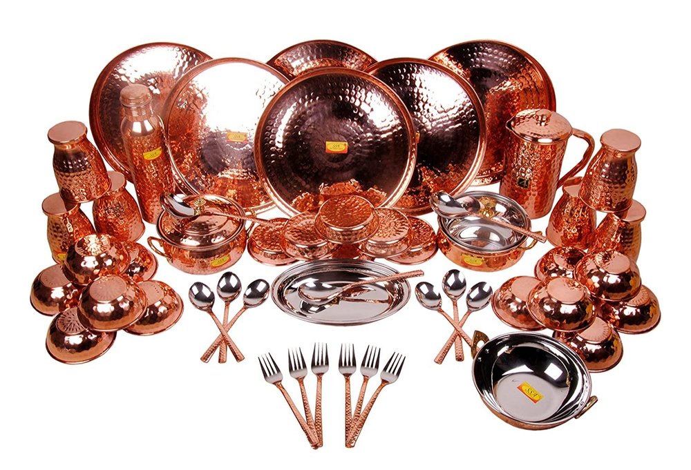 Pure Copper Dinner Set - 51 Pieces - Designer - (Hammer Copper Thali Set)