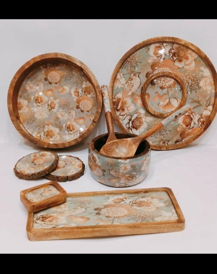 Swerav brown Wooden Dinner set, For Home, hotel and restaurant, 9