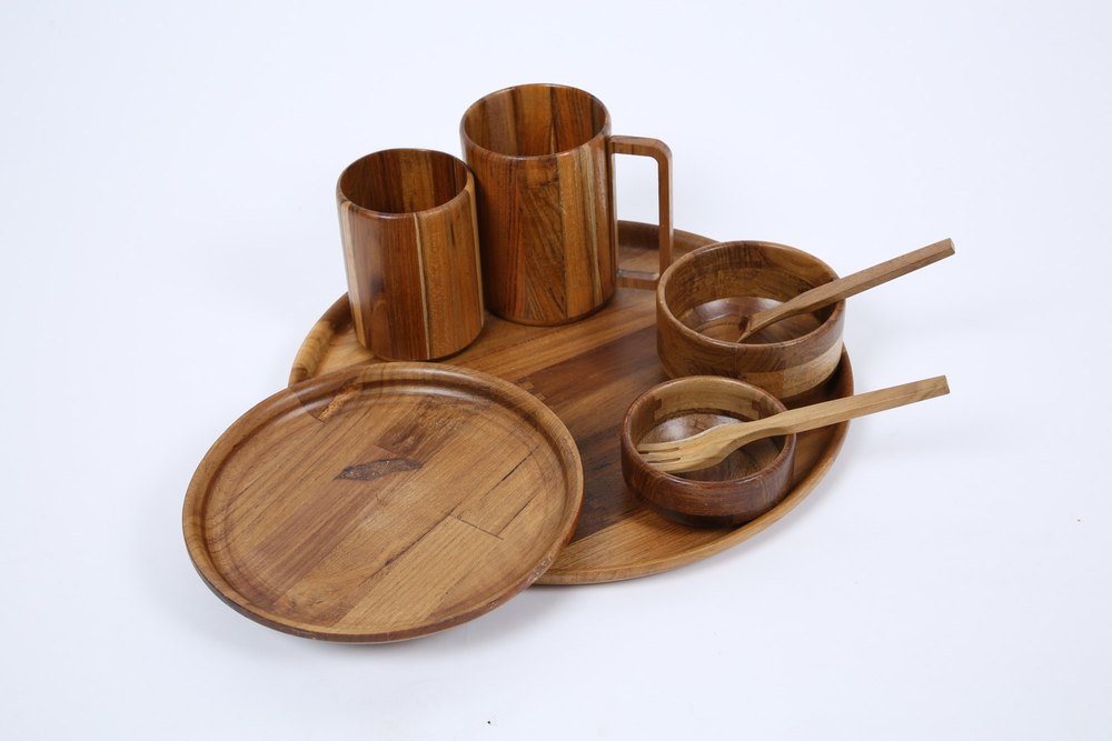 SHYONA Teak Wooden Dinner Set, 2 Bowls, Glasses, Mug, 2 Spoons, 2 Plates (Brown)