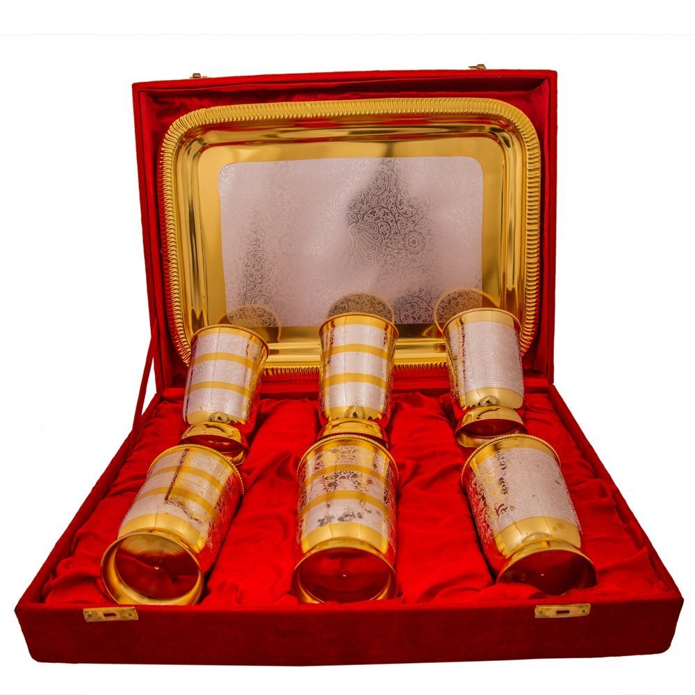Golden, Silver Brass Serving Water Glass Set With Tray, For Personal, For Gift Purpose