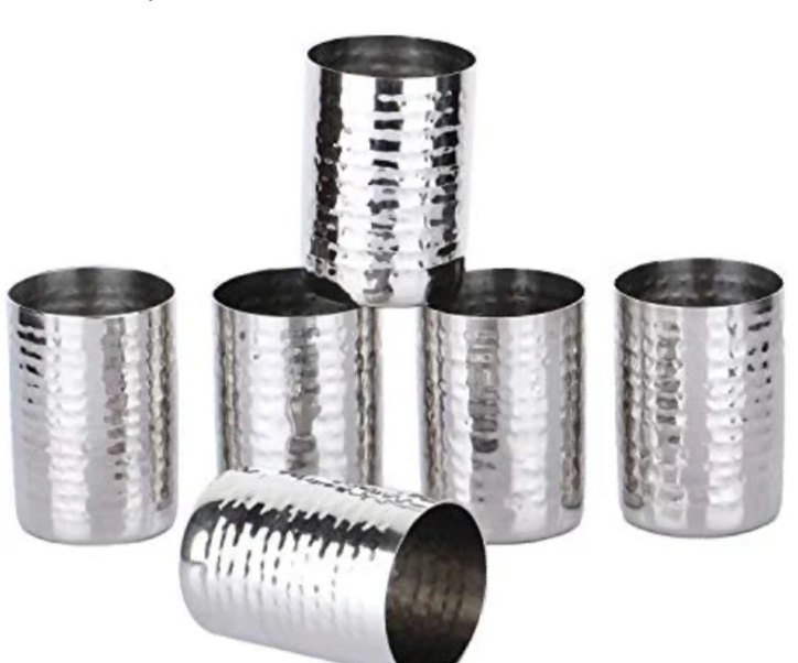 Plain Silver Stainless Steel Glass Set Of 6 Pcs Hammered Design, For Home, Size: Medium