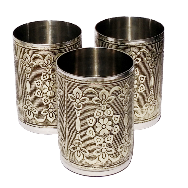 Maitri Stainless Steel Glass with Silver Oxidized Work, Usage/Application: Home
