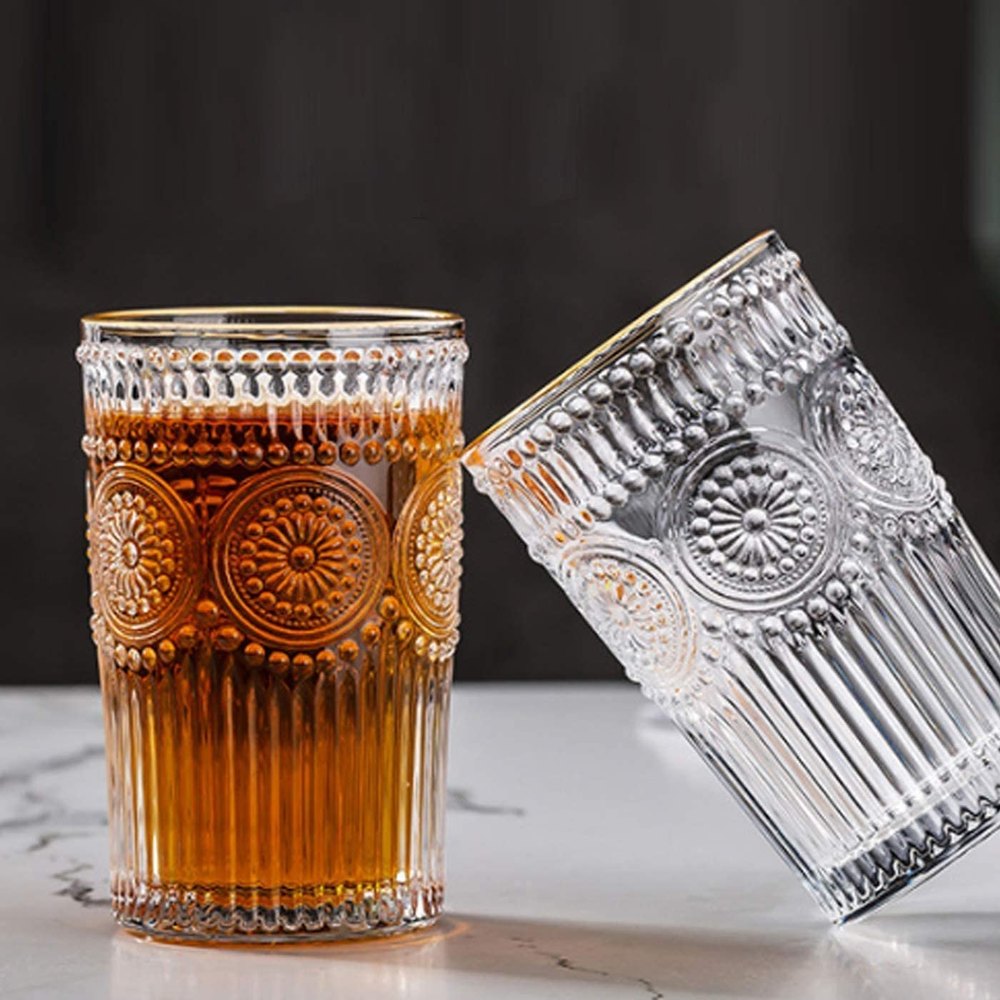 Transparent Golden Trim Round Sunflower Romantic Tumbler Glass, For Restaurant